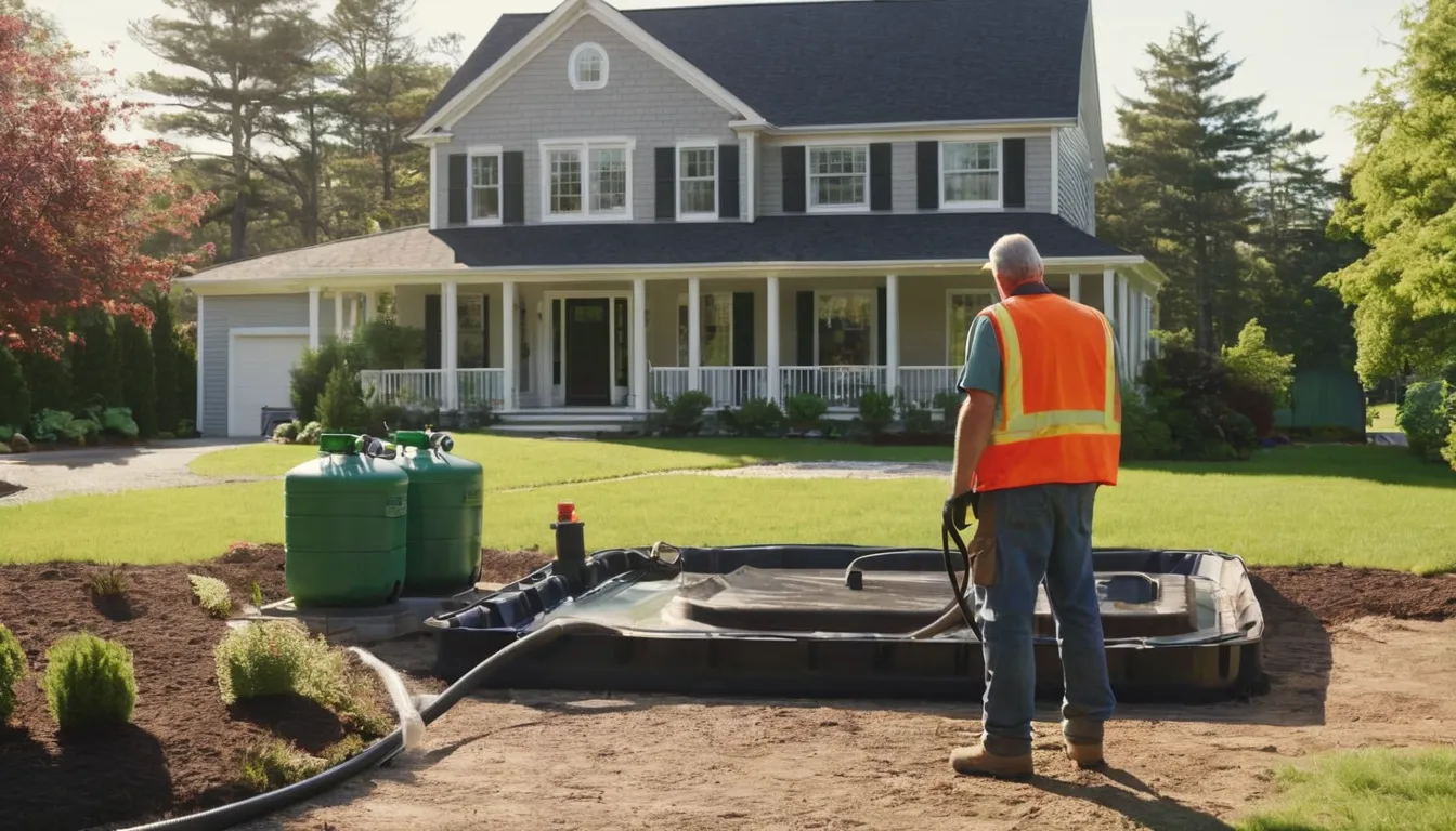 A septic pumping truck parked beside a home in Waterbury while a provider checks the tank